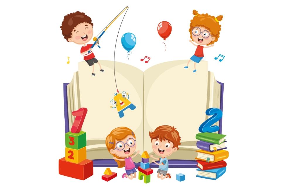 Rysunek dzieci bawiących się obok dużej książki